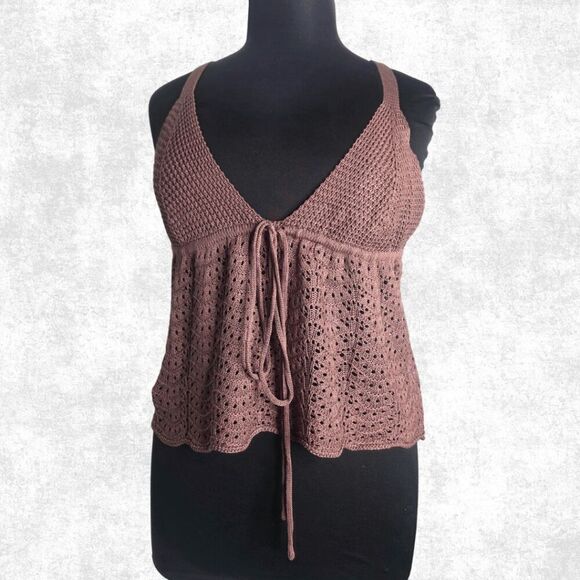 Plus Size 2XL Brown Crochet Tank Top – Boho Festival Knit Cami with Tie Front - Picture 6 of 8